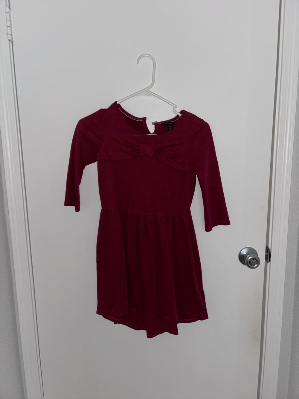 Girls' Burgundy Long-Sleeve Bow Dress